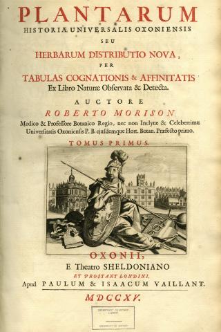 Image for Title page of the 1715 reprint of Robert Morison (1680) Plantarum historiae universalis Oxoniensis pars secunda seu Herbarum distributio nova,: per tabulas cognationis & affinitatis ex libro naturae observata & detecta. Oxonii, E theatro Sheldoniano.